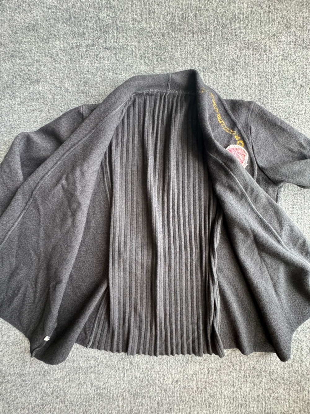 Open Front Cardigan Knit Charcoal Gray Applique Hand Painted Large 80s Vintage - Picture 2 of 10